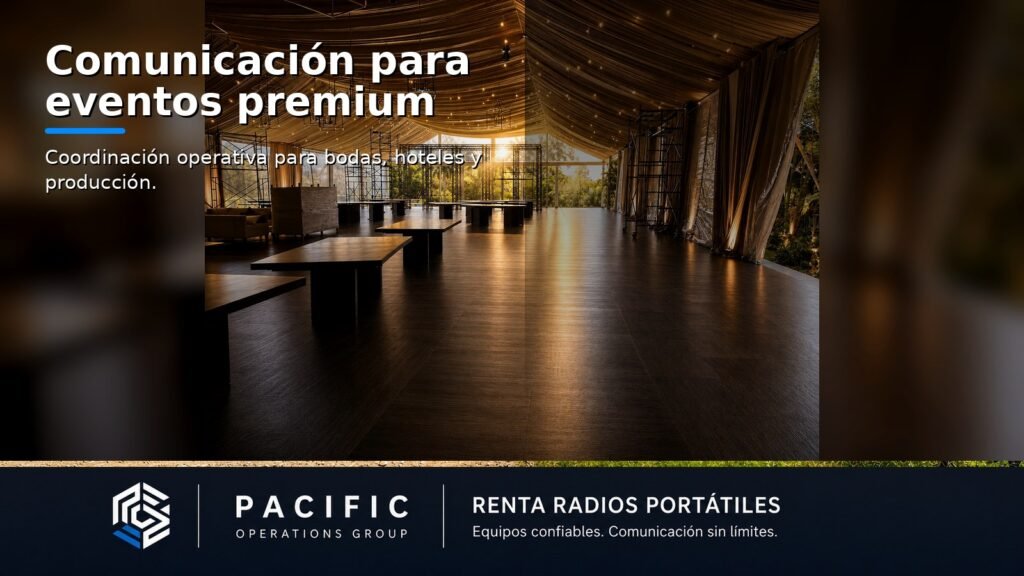 Montaje interior para evento premium, boda, hotel o producción en Costa Rica, como ejemplo de coordinación operativa con radios portátiles profesionales.