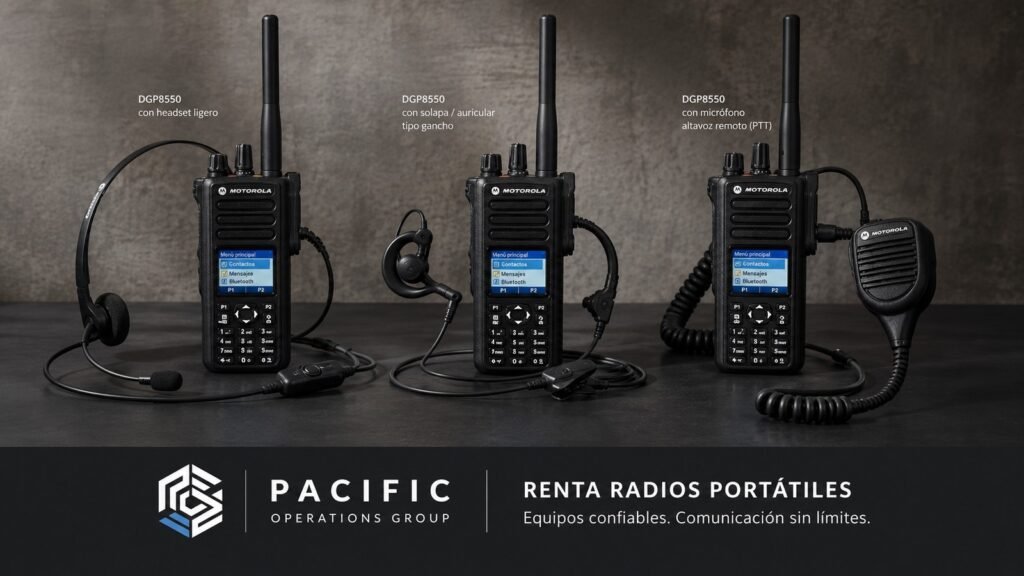 Radios Motorola DGP8550 con headset ligero, audífono de solapa y micrófono PTT para renta de radios portátiles profesionales en Costa Rica